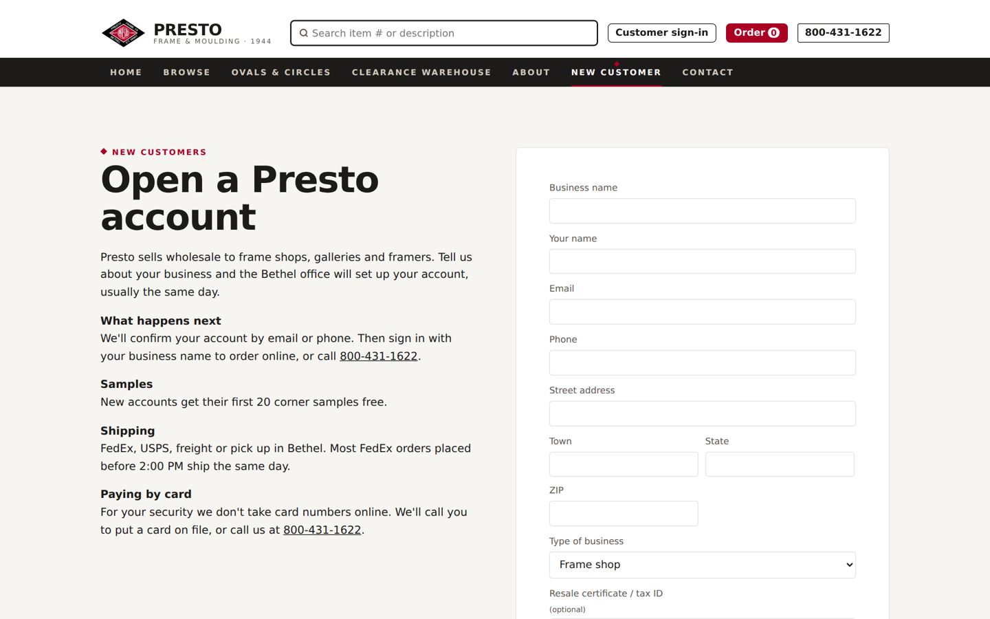 Presto new customer sign-up